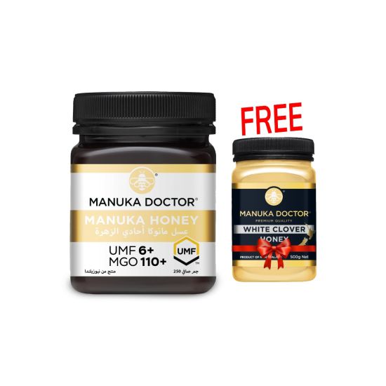 مانوكا دكتور - عسل مانوكا +6 UMF (250 جم) + علبة عسل ابيض 500 جم (مجانا)
